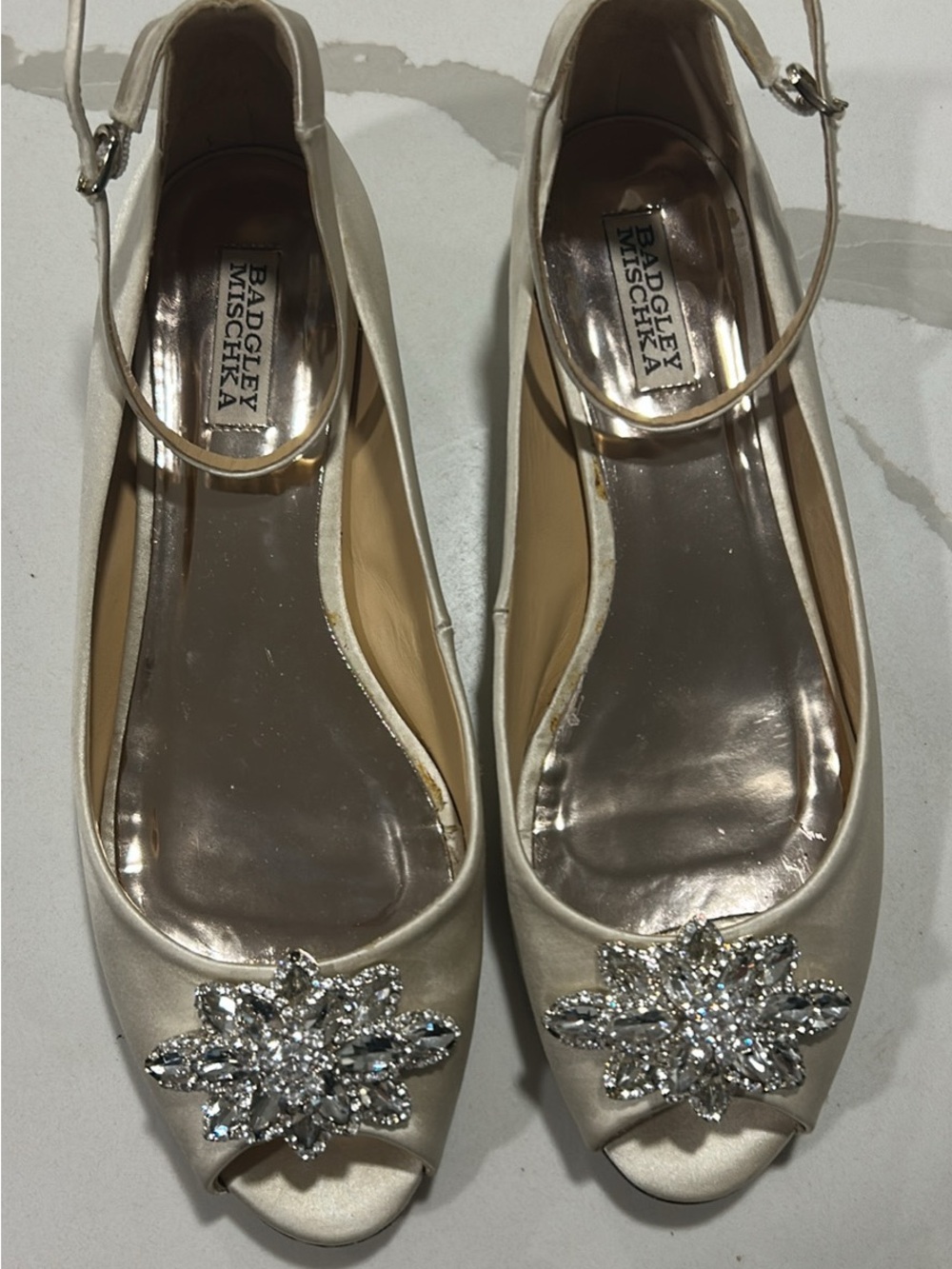 Badgley Mischka Ivory Satin Peep-Toe Flats with Crystal Floral Brooches